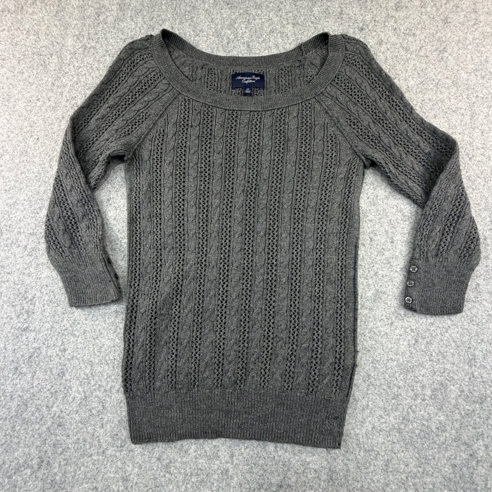 American Eagle Outfitters Gray Cable Knit Pointelle Scoop Neck Sweater Small